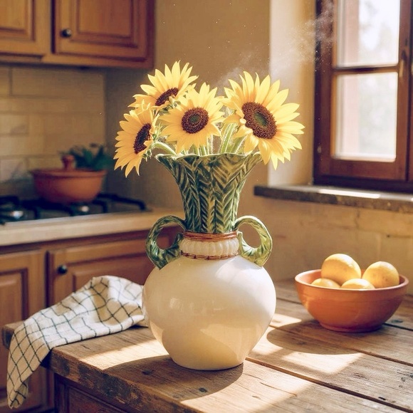 VTG Turnip Shape Ceramic Vases Raku Majolica Leaf Handles - Picture 2 of 12